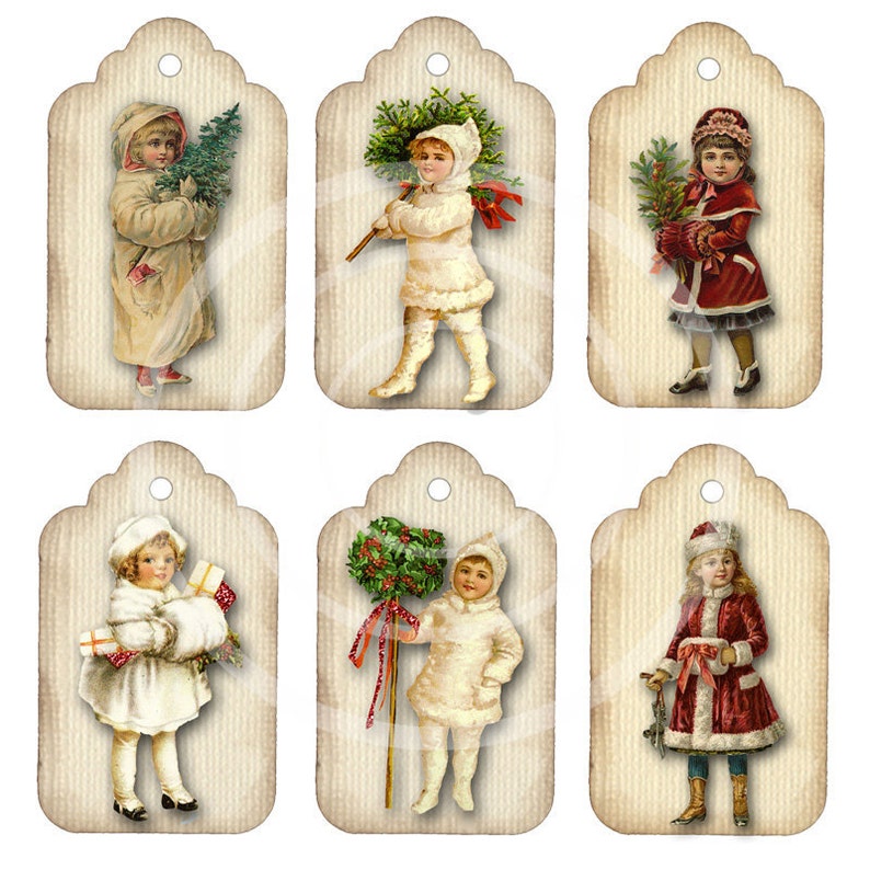 Victorian Girl Gift tags Vintage Christmas tags, Instant Download holiday tags Printable tags, Vintage Images, Digital Collage, winter girl image 2
