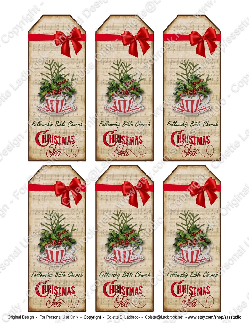 Christmas Tea Bookmarks, Tea cup Tags, Digital Tea Party Favor, Tea Gift Enclosure, Digital Printable, Christmas Tea Party supplies, Red bow image 10