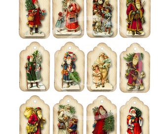 Vintage Victorian Santas Gift Tags, Twelve Christmas Images, Digital Download, Old Fashioned Father Christmas,  Red Holiday decor, collage