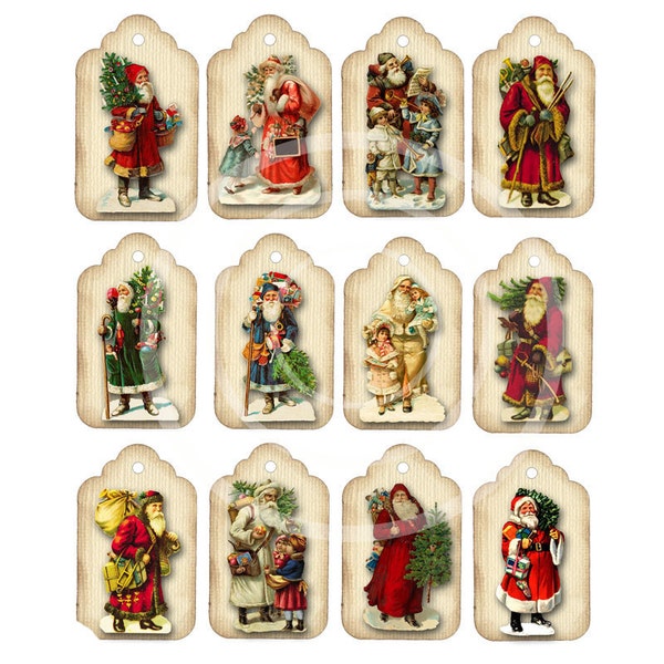 Vintage Victorian Santas Gift Tags, Twelve Christmas Images, Digital Download, Old Fashioned Father Christmas,  Red Holiday decor, collage