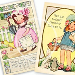 May include: Two vintage Easter cards featuring illustrations of girls. The first card shows a girl in a pink dress holding a basket of eggs. The second card shows a girl in a blue dress holding a basket of eggs and a white bunny. Both cards have the text "Hello There! Happy Easter" on them.