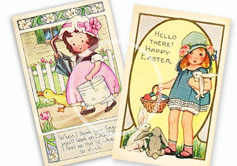 May include: Two vintage Easter cards featuring illustrations of girls. The first card shows a girl in a pink dress holding a basket of eggs. The second card shows a girl in a blue dress holding a basket of eggs and a white bunny. Both cards have the text "Hello There! Happy Easter" on them.
