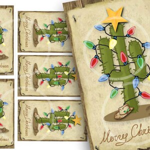 Étiquettes occidentales d'arbre de Noël, étiquettes numériques de cadeau de vacances, étiquettes de cadeau de country Western, étiquette verte de joyeux Noël d'arbre de cactus, fournitures d'artisanat,