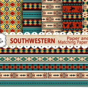 Paquet de papier Western, téléchargement de papier de scrapbooking numérique, papiers conçus sur mesure, bandes de bordure, cow-boy en papier imprimable du sud-ouest