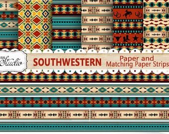 Western Paper Pack, Digital Scrapbook paper Download, Custom Designed Papers, Border Strips, Southwestern Printable Paper cowboy