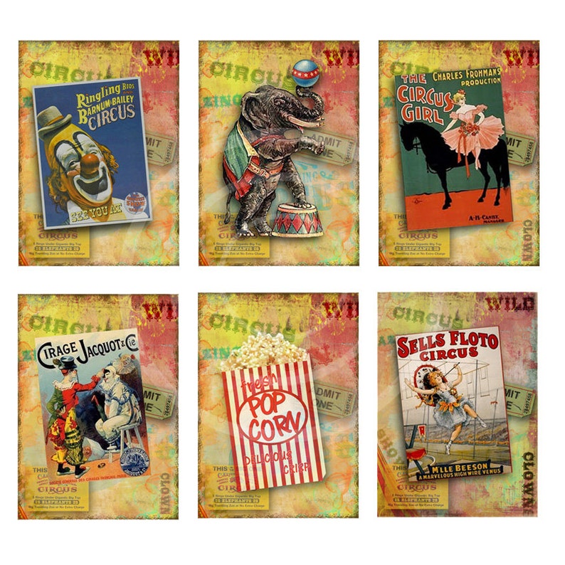 Circus Tags printable Circus Cards Vintage Clown Tags, Elephants Carnival Birthday Party decor digital collage,popcorn tags, School carnival image 1
