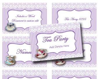 Lavender Tea Party naamkaartjes en tentkaarten, bruidsdouche, babyshower, vrouwenthee, paars, afdrukbare instant download, Moederdagthee