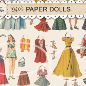 Pode incluir: Um conjunto vintage de bonecas de papel da d&eacute;cada de 1940. As bonecas est&atilde;o vestidas com diferentes roupas, incluindo um vestido vermelho, um vestido amarelo e um vestido verde. Todas as bonecas est&atilde;o sorrindo e t&ecirc;m cabelos longos. O conjunto inclui uma variedade de acess&oacute;rios, como chap&eacute;us, sapatos e bolsas.