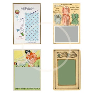 May include: Four vintage cards with different designs. The first card features a blue and white checkered pattern with a needle and thread. The second card shows three children wearing different outfits. The third card has a picture of a girl feeding a lamb. The fourth card has a green and gold frame with the text "CENN EARL".
