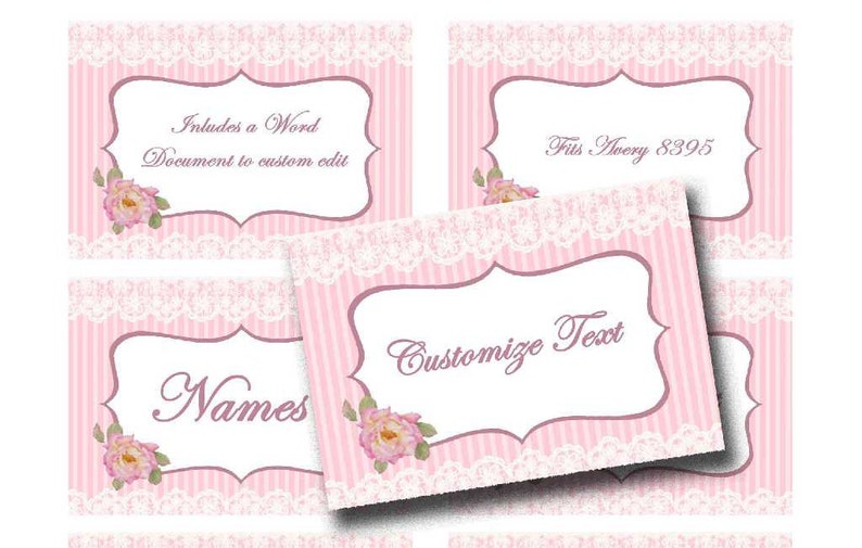 Pink Place Cards Printable, Pink Ribbon Place Cards Digital Name Cards, Food Labels, Table Cards, Table Number Cards, Tea Party tags, image 1