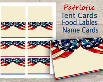 Patriottische naamkaartjes en plaatskaarten, bewerkbaar, afdrukbaar, direct downloaden, militair, herdenkingsdag, 4 juli, buffetkaarten, vlaggen, rood, VS