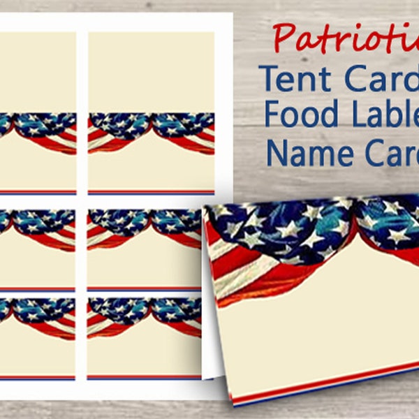 Patriottische naamkaartjes en plaatskaarten, bewerkbaar, afdrukbaar, direct downloaden, militair, herdenkingsdag, 4 juli, buffetkaarten, vlaggen, rood, VS