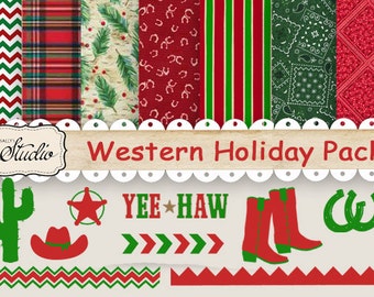 Country Western paper, Christmas Scrapbook Paper digital red green Clip Art, Holiday scrapbook paper, holiday printable paper, background