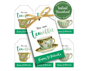 Tea-riffic St Patrick's Gift Tags, Tea cup Tags, Digital Tea Party Favor, Printable St Patrick's Day Tea Party, printable gift tag, green