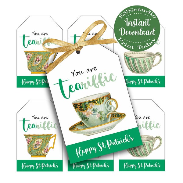 Tea-riffic St Patrick's Gift Tags, Tea cup Tags, Digital Tea Party Favor, Printable St Patrick's Day Tea Party, printable gift tag, green