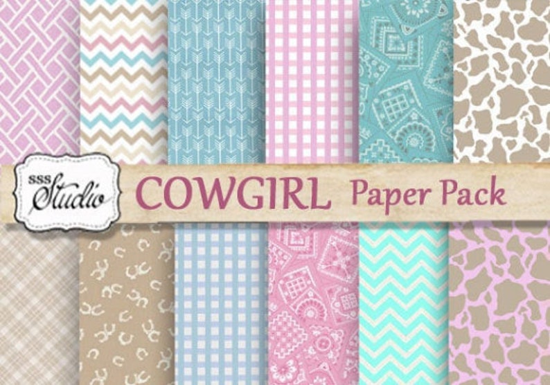 May include: A digital paper pack with 12 different patterns in pink, blue, brown, and white. The patterns include gingham, chevron, arrows, horseshoes, and cow print. The text "COWGIRL Paper Pack" is displayed on the image.