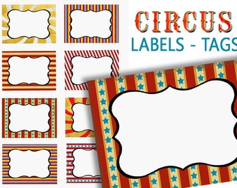 Circus Labels, Digital Food Labels, Carnival Party Labels, Printable Circus Labels, colorful Gift Tags, Place Cards, Name Tags, school label