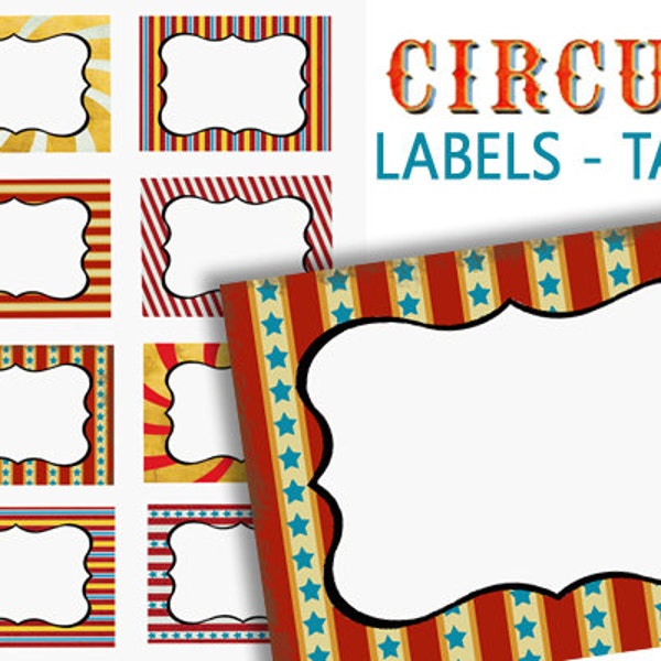 Circus Labels, Digital Food Labels, Carnival Party Labels, Printable Circus Labels, colorful Gift Tags, Place Cards, Name Tags, school label