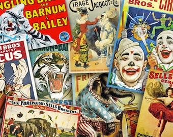 Circus Vintage Style Posters, Digital Collage, Scrapbook Supplies, Circus birthday party printable, Clowns, Elephant, tigers, Carnival image