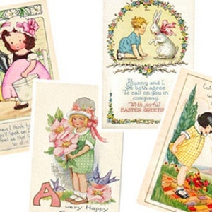May include: Four vintage Easter cards featuring illustrations of children and animals. The cards have a light background with colorful illustrations. The text on the cards reads "When I think by", "Bunny and I both agree To call on you in company With joyful EASTER GREETO", "With my good wishes for a Happy Easter", and "A very Happy".