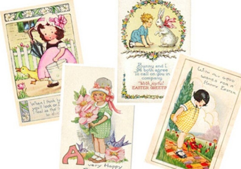 May include: Four vintage Easter cards featuring illustrations of children and animals. The cards have a light background with colorful illustrations. The text on the cards reads "When I think by", "Bunny and I both agree To call on you in company With joyful EASTER GREETO", "With my good wishes for a Happy Easter", and "A very Happy".