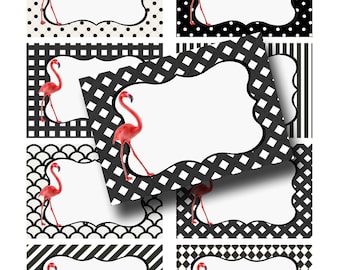 Flamingo-naamkaartjes, digitale flamingo-etiketten, afdrukbare naamkaartjes, zwart-wit, plaatskaarten, cadeaukaartjes, frames, feestdecor roze flamingo