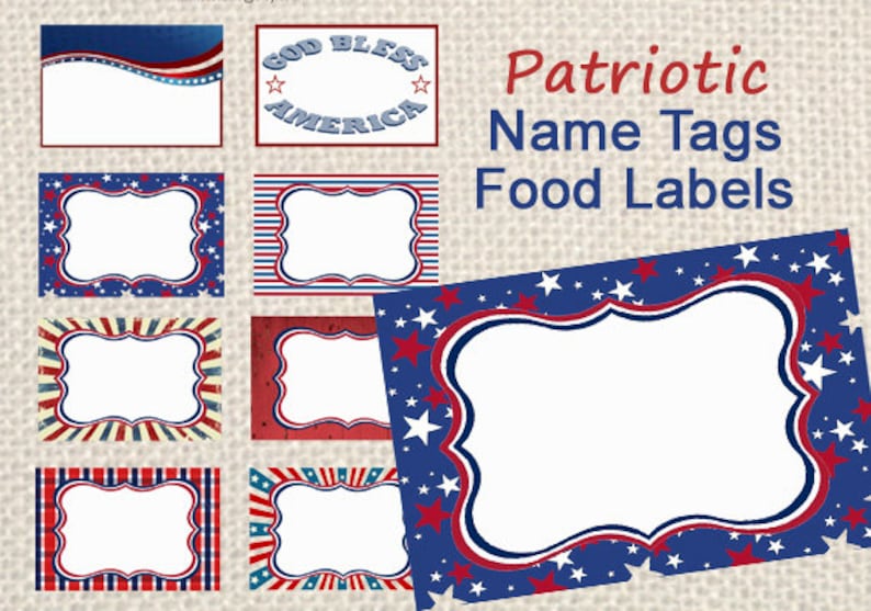 Patriotic Name Tags 4th of July tags Patriotic labels Instant Download Printable Labels, Red White and Blue, Military name tags, picnic image 1