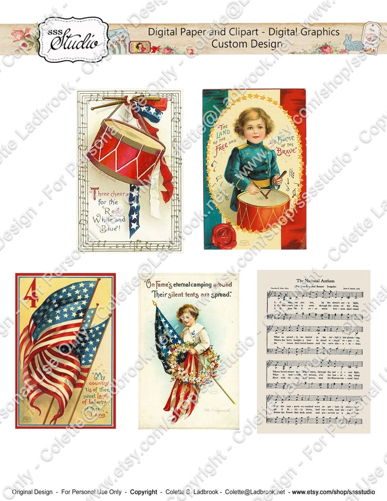 May include: Four vintage patriotic images featuring American flags, a drummer boy, and a musical score of the national anthem. The images are in a yellow, red, white, and blue color scheme.