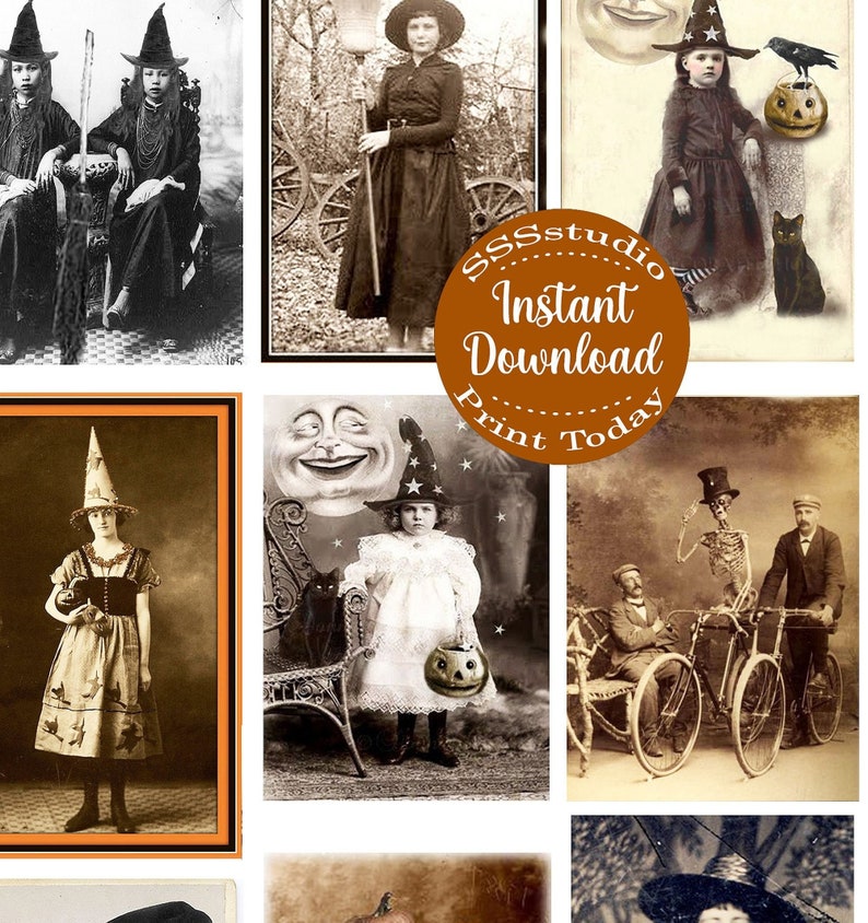 Vintage Halloween Photos, Digital Halloween images, witches, Skeleton, Pumpkin Head, Printable download, Scrapbook Clip art, junk journals 