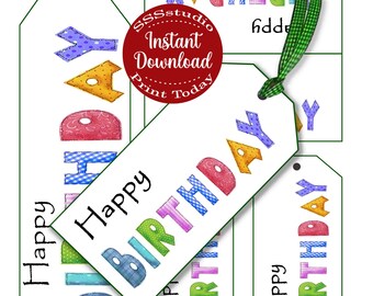 kleurrijke gelukkige verjaardagscadeau Tags bladwijzer kleurrijke verjaardagsfeestje benodigdheden, instant download afdrukbare partij afdrukbaar