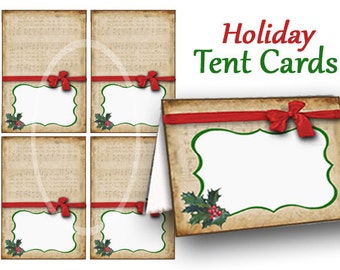 May include: Set of four printable holiday tent cards featuring a vintage music sheet background, red ribbon, holly, and a green border. The cards are blank for writing names or other information.