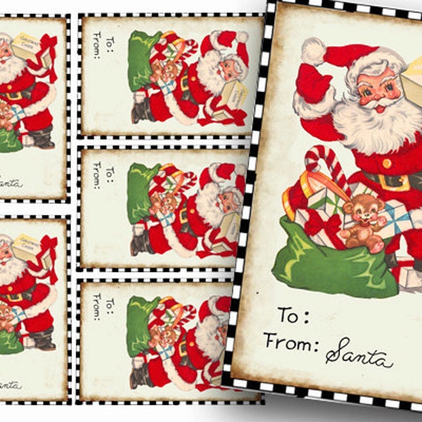 Santa gift tags, Vintage Santa To-From Tags, Santa holiday Tags Instant Download, Printable Tag, craft supplies, Red Santa package tags