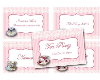 Tea Party name tags, Digital tent cards, High Tea party decor, Bridal Shower tea, Baby shower tea, women's ministry event, Pink Ribbon decor