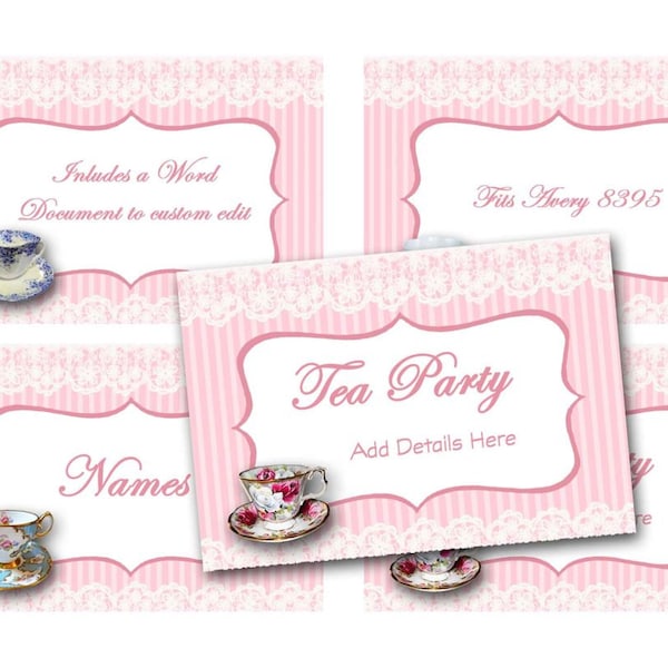 Tea Party name tags, Digital tent cards, High Tea party decor, Bridal Shower tea, Baby shower tea, women's ministry event, Pink Ribbon decor