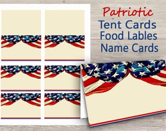 Patriotic Name Tags & Place Cards, Editable, Printable, Instant Download, military, memorial day, July 4th, Buffet Cards, flags, red, USA