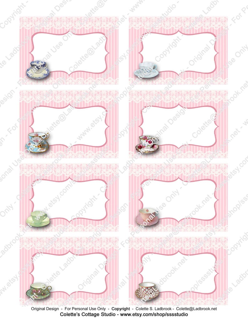 Tea Party Name Tags Digital Tent Cards Vintage Tea Cups Etsy