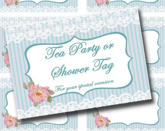 Tea Party labels Digital Bridal Shower, Blue Lace Labels, Baby Shower, Instant Download, Name Tags, Bridal tea, Custom Edit Tag, printable