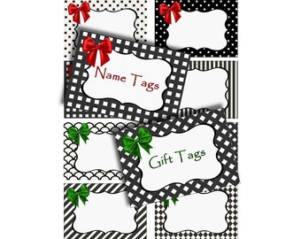 Black & White Tags with Bows, Editable Name Tags Digital Gift Tags, Green Red Bows, Printable Labels Instant Download holiday party supplies