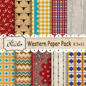 Paquet de papier western, téléchargement numérique, album de papiers conçus sur mesure, cartes, papier de fond imprimable, chevron, grain de bois, cowboy rouge