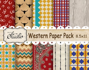 Western Paper Pack, Digital Download, Custom Designed Papers Scrapbook, Cards, Printable Background paper, chevron, wood grain, red cowboy