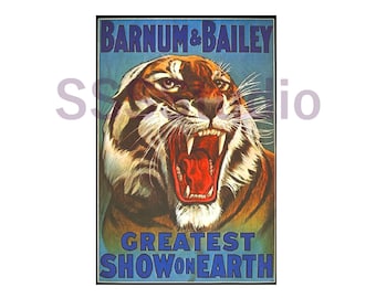 Digital Large Vintage (1916) Circus Tiger Poster up to 4 ft x 6 ft, Birthday Party or Carnival Banner, Showman Party, Tiger, download