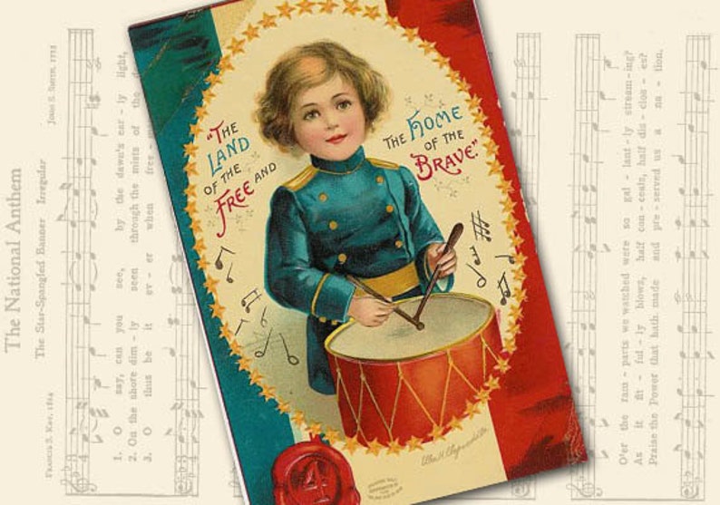 May include: A vintage postcard featuring a young boy in a blue uniform playing a drum. The postcard has a red, white, and blue color scheme and features the text "The Land of the Free and the Home of the Brave".
