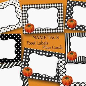 Thanksgiving-naamkaartjes, digitale pompoenlabels, plaatskaarten herfst, afdrukbare Thanksgiving-naamkaartjes, cadeaukaartjes, frames, Halloween-decor