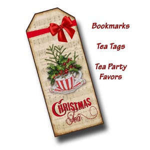 Christmas Tea Bookmarks, Tea cup Tags, Digital Tea Party Favor, Tea Gift Enclosure, Digital Printable, Christmas Tea Party supplies, Red bow image 2