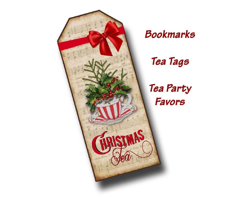 Christmas Tea Bookmarks, Tea cup Tags, Digital Tea Party Favor, Tea Gift Enclosure, Digital Printable, Christmas Tea Party supplies, Red bow image 2