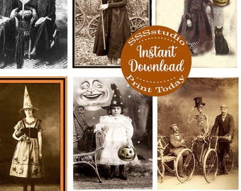 Vintage Halloween Photos, Digital Halloween images, witches, Skeleton, Pumpkin, Printable download, Scrapbook Clip art, junk journals
