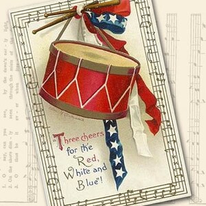 May include: A vintage patriotic illustration featuring a red, white, and blue drum with a banner that reads "Three cheers for the Red, White and Blue!" The drum is decorated with stars and stripes and is hanging from a stick. The background is a sheet of music.