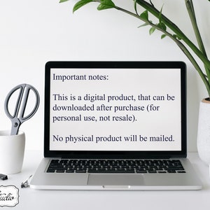 Puede incluir: La pantalla de un ordenador port&aacute;til muestra un mensaje sobre un producto digital. El texto dice: "Notas importantes: Este es un producto digital que se puede descargar despu&eacute;s de la compra (para uso personal, no para reventa). No se enviar&aacute; ning&uacute;n producto f&iacute;sico."