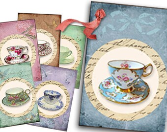 May include: Set of six vintage-style teacup and saucer printable gift tags with a blue, green, and pink background. Each tag features a different teacup with floral designs.