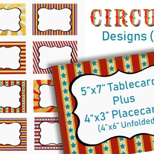 Tarjetas de carpa de circo, imprimibles, tarjetas de lugar editables, letreros de carnaval, fiesta de circo, escuela, cumpleaños, graduación, tarjetas de buffet, descarga instantánea